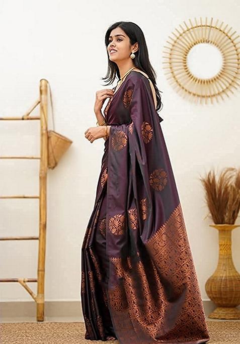 Wine Jacquard Banarasi Art Silk Saree Set