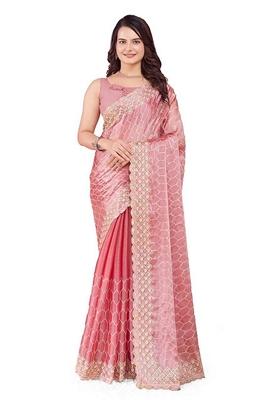 Peach Embroidered Burberry Silk Saree Set