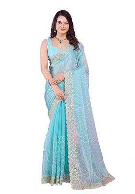 Sky Blue Embroidered Burberry Silk Saree Set