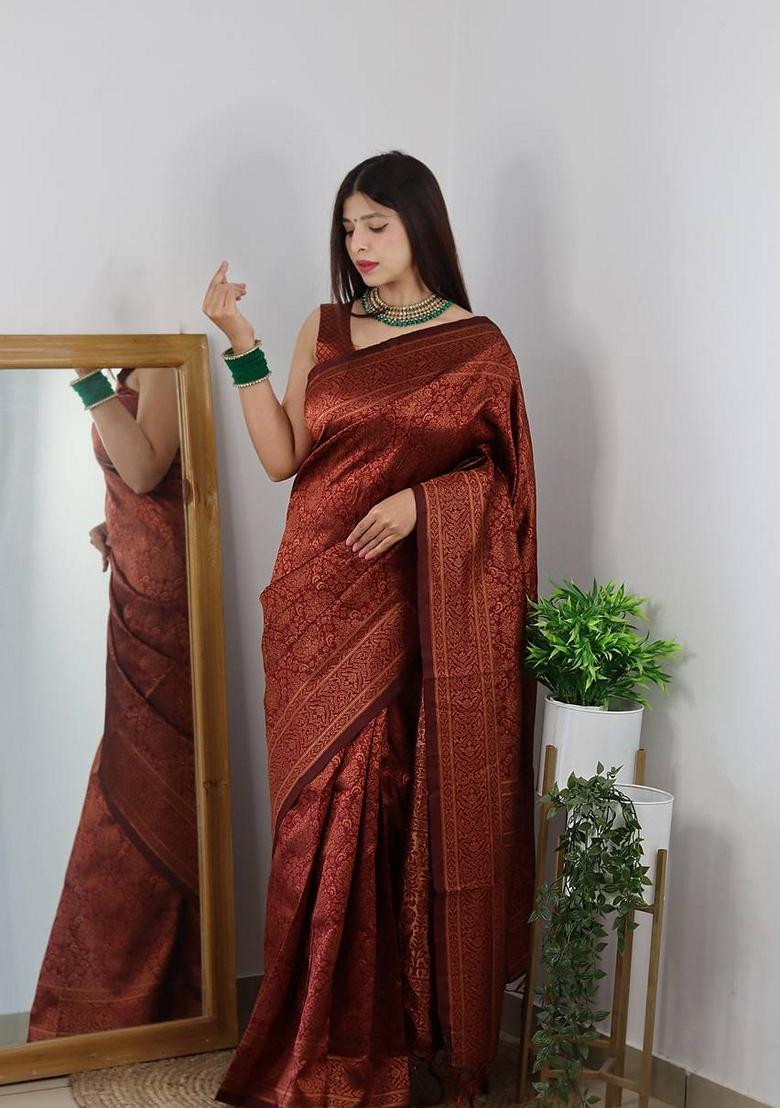 Maroon Jacquard Banarasi Silk Saree Set