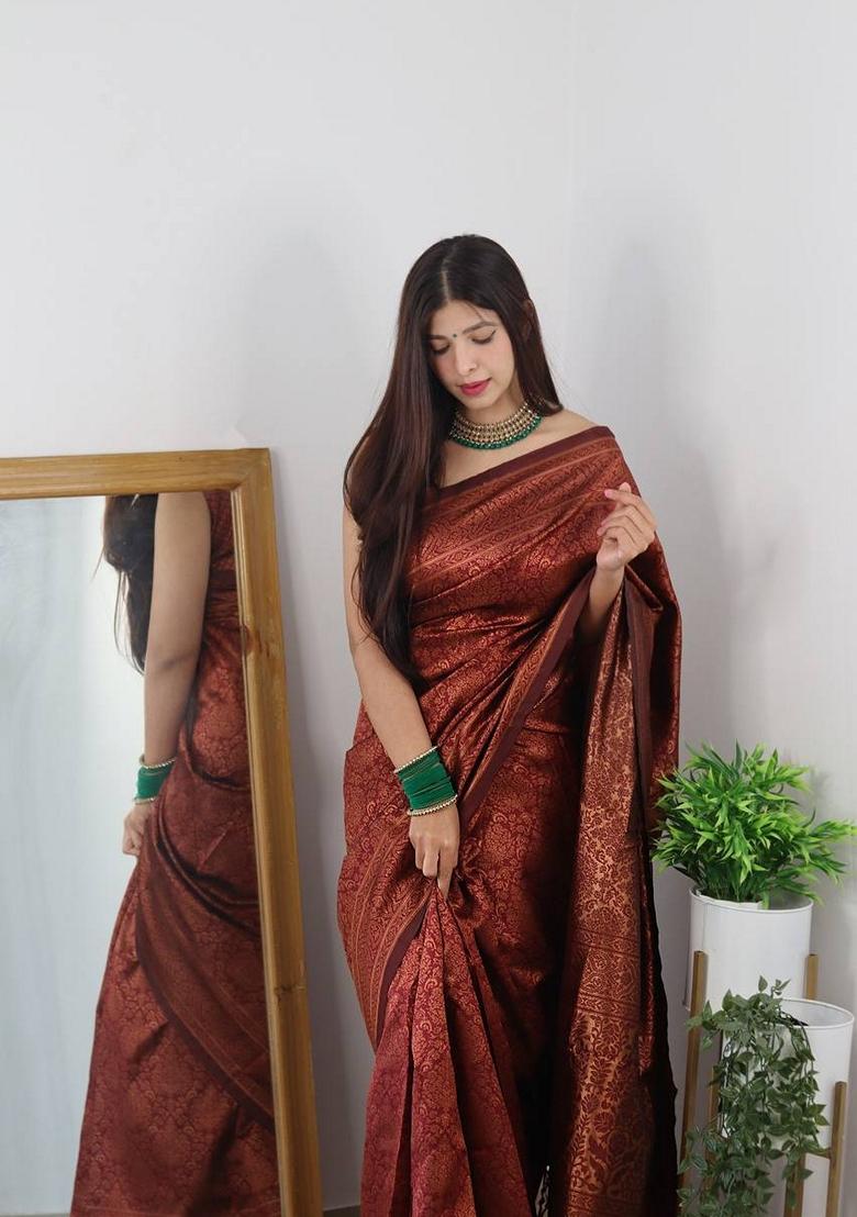 Maroon Jacquard Banarasi Silk Saree Set