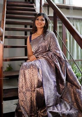 Royal Blue Silver Jacquard Banarasi Silk Saree Set