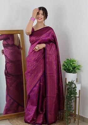 Wine Jacquard Banarasi Silk Saree Set