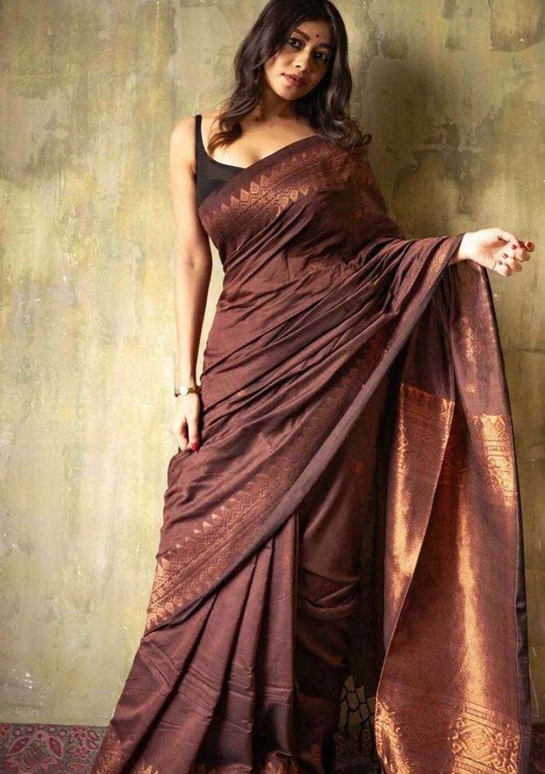 Brown Jacquard Banarasi Soft Silk Saree Set