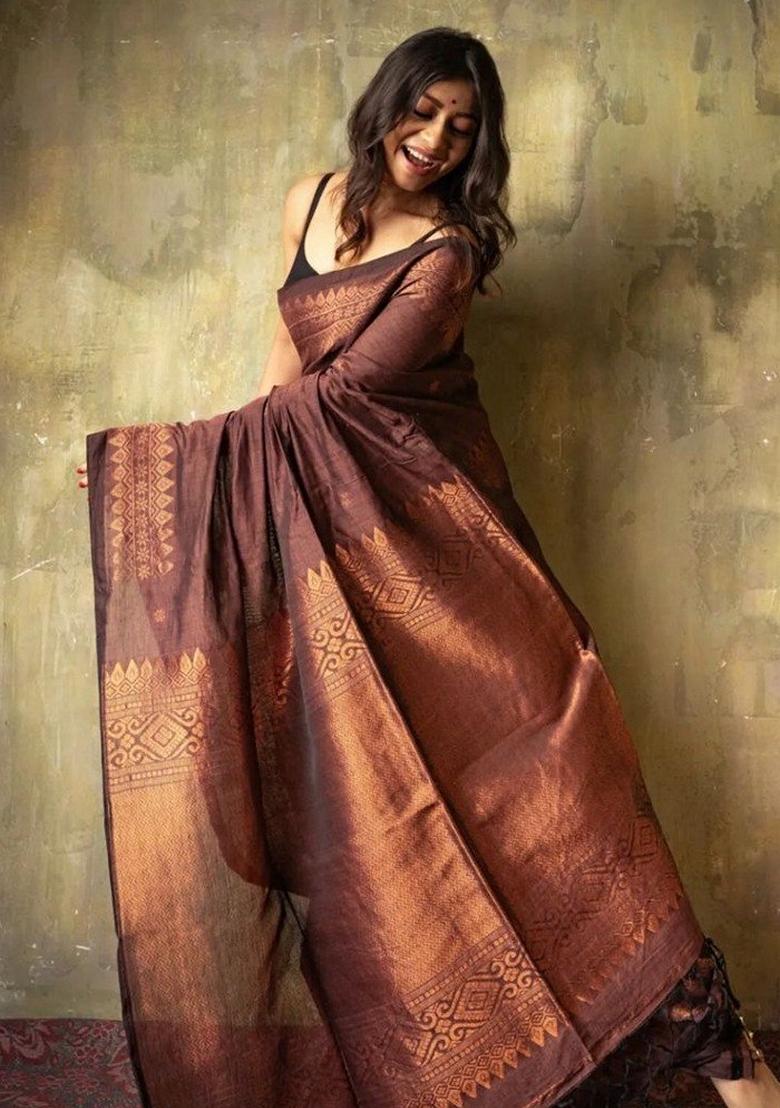 Brown Jacquard Banarasi Soft Silk Saree Set