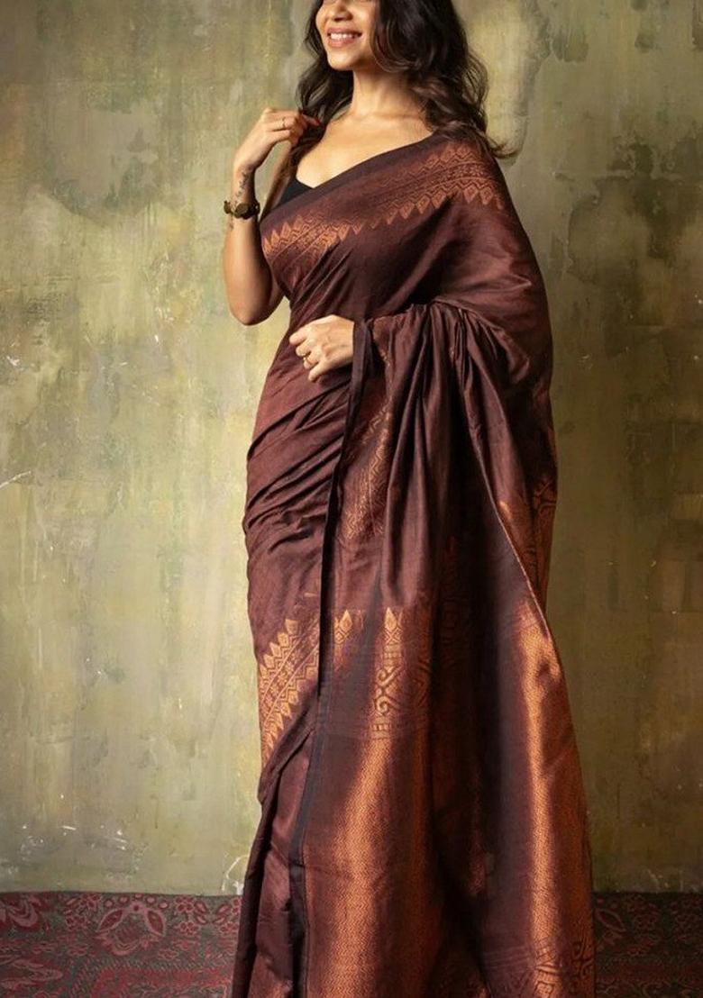 Brown Jacquard Banarasi Soft Silk Saree Set