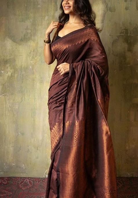Brown Jacquard Banarasi Soft Silk Saree Set