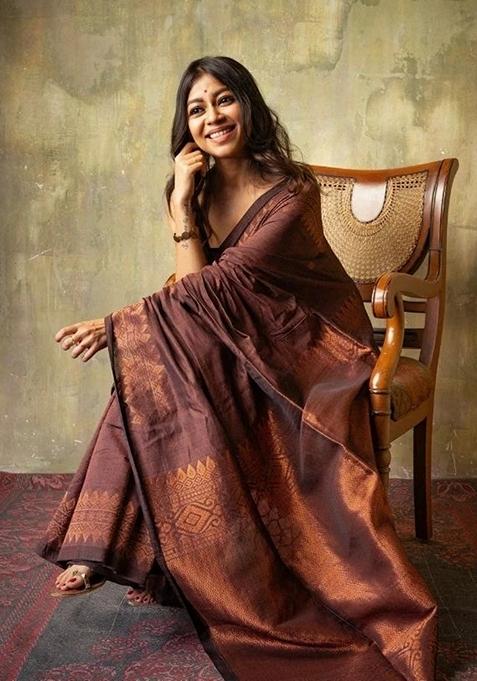 Brown Jacquard Banarasi Soft Silk Saree Set