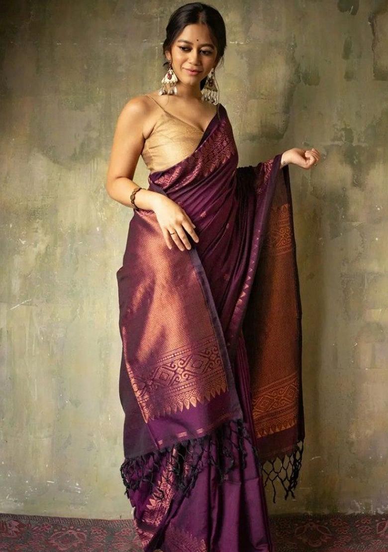 Wine Jacquard Banarasi Soft Silk Saree Set