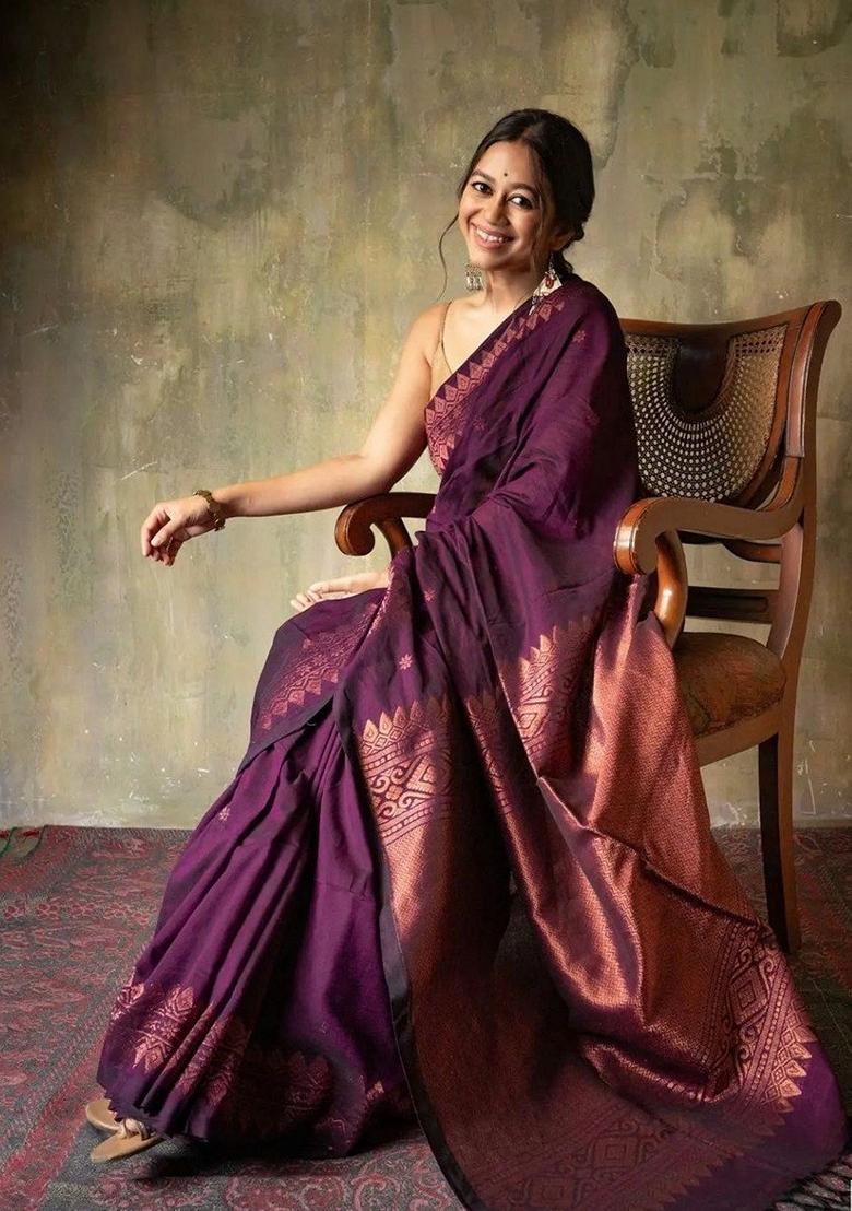 Wine Jacquard Banarasi Soft Silk Saree Set
