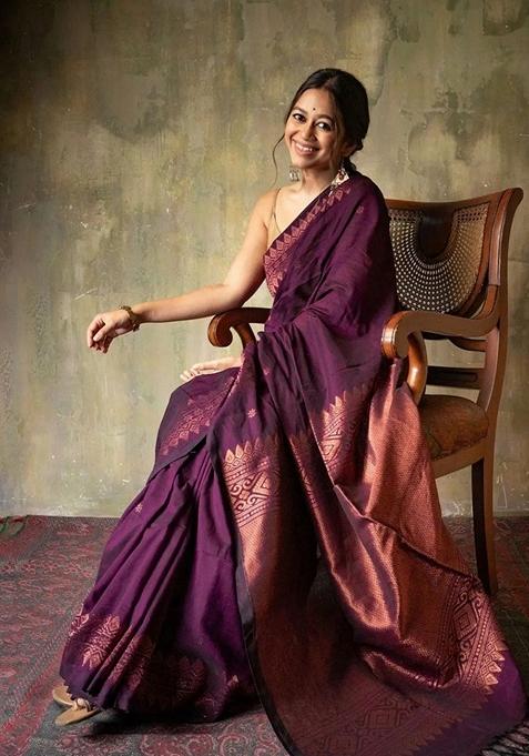 Wine Jacquard Banarasi Soft Silk Saree Set