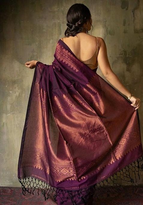 Wine Jacquard Banarasi Soft Silk Saree Set