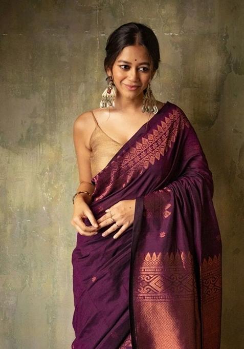 Wine Jacquard Banarasi Soft Silk Saree Set