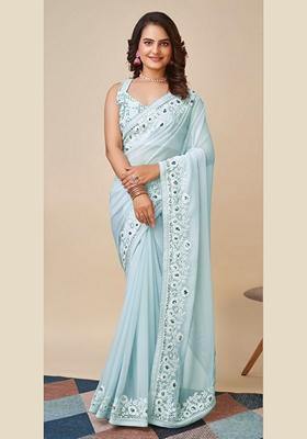 Sky Blue Embroidered Faux Georgette Saree Set
