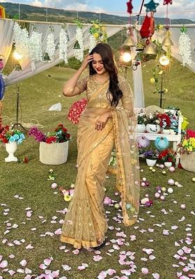 Golden Embroidered Soft Net Saree Set
