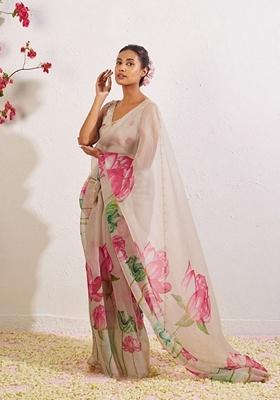 Off White Printed Soft Organza Saree Set