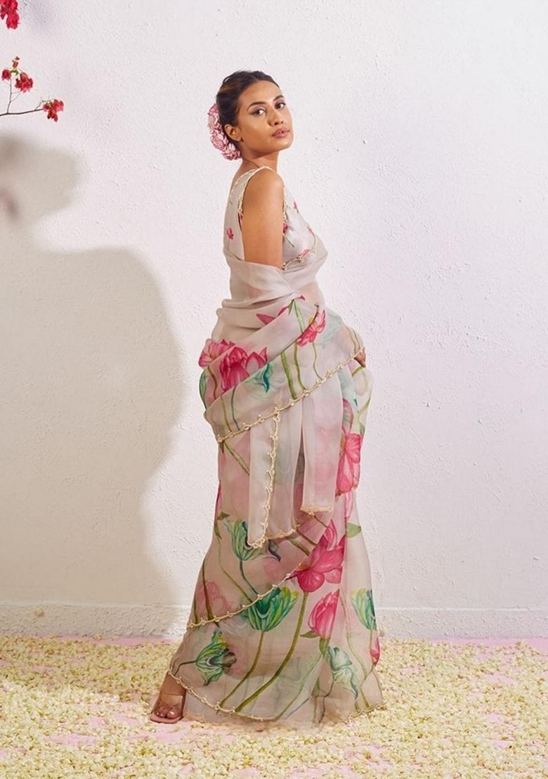 Off White Printed Soft Organza Saree Set