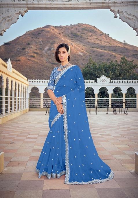 Blue Embroidered Organza Silk Saree Set