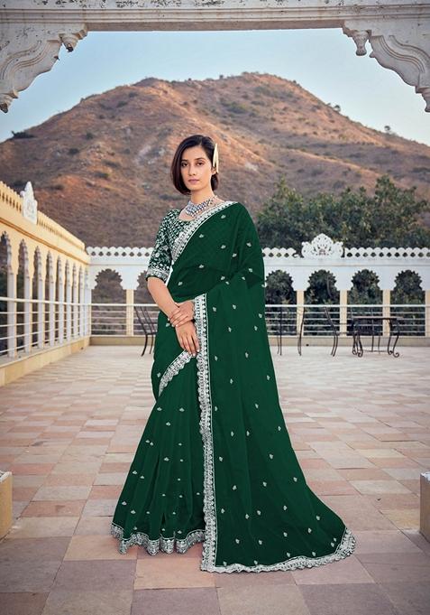 Green Embroidered Organza Silk Saree Set