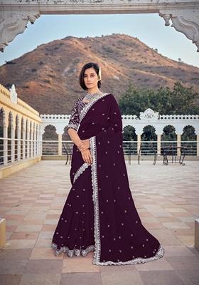 Purple Embroidered Organza Silk Saree Set