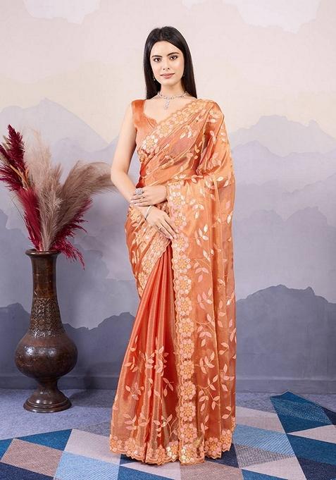 Orange Embroidered Burberry Silk Saree Set