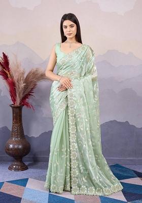 Sea Green Embroidered Burberry Silk Saree Set