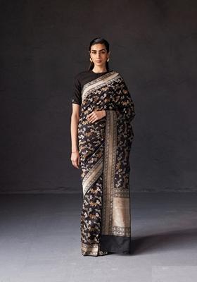 Black Jacquard Banarasi Soft Silk Saree Set
