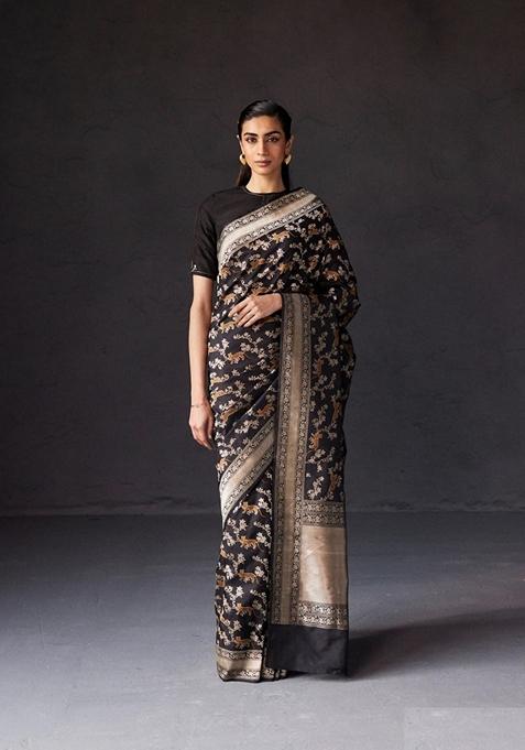 Black Jacquard Banarasi Soft Silk Saree Set