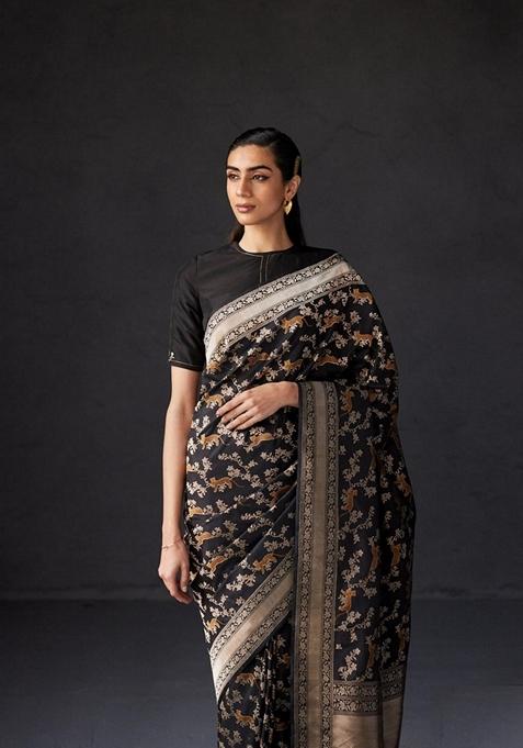 Black Jacquard Banarasi Soft Silk Saree Set