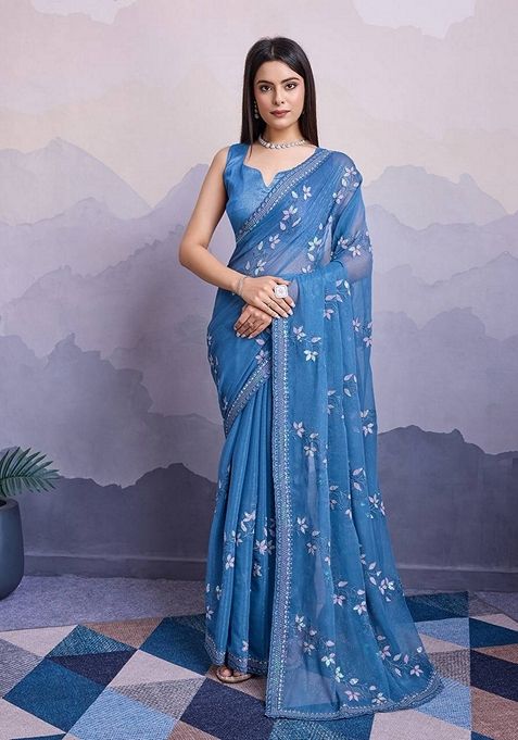 Blue Embroidered Chiffon Saree Set