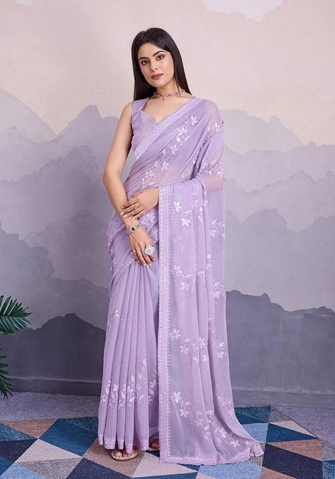 Lavender Embroidered Chiffon Saree Set