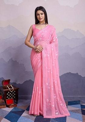Pink Embroidered Chiffon Saree Set