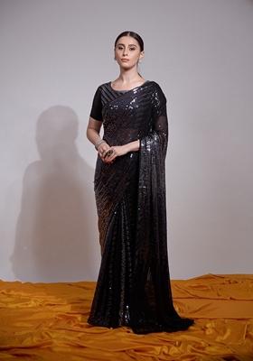 Black Sequin Embroidered Georgette Saree Set