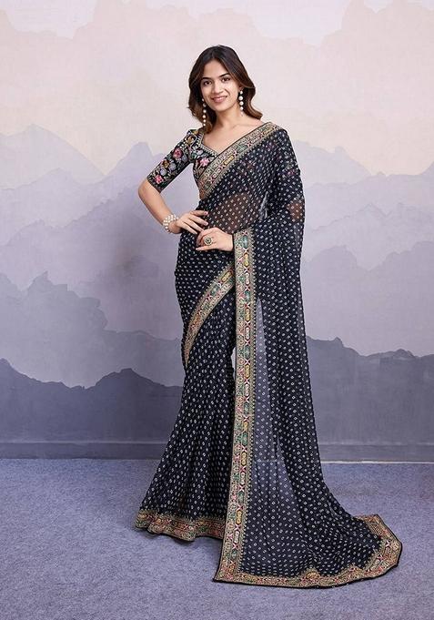 Black Embroidered Georgette Saree Set