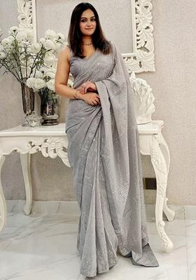 Grey Sequin Embroidered Georgette Saree Set