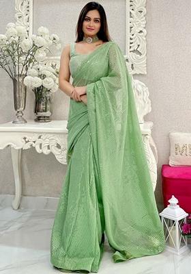 Pista Green Sequin Embroidered Georgette Saree Set