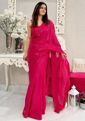 Rani Pink Sequin Embroidered Georgette Saree Set