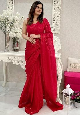 Red Sequin Embroidered Georgette Saree Set