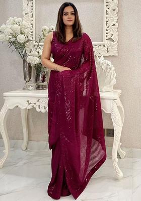 Wine Sequin Embroidered Georgette Saree Set