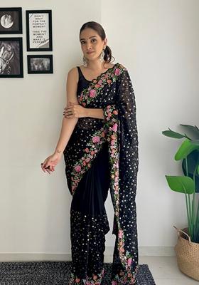 Black Embroidered Soft Georgette Saree Set