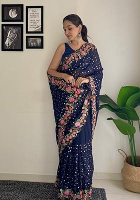 Navy Blue Embroidered Soft Georgette Saree Set