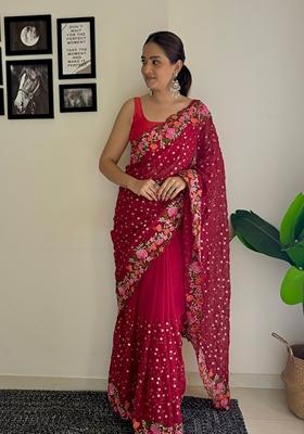 Red Embroidered Soft Georgette Saree Set