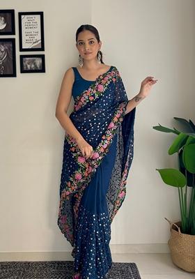 Teal Embroidered Soft Georgette Saree Set