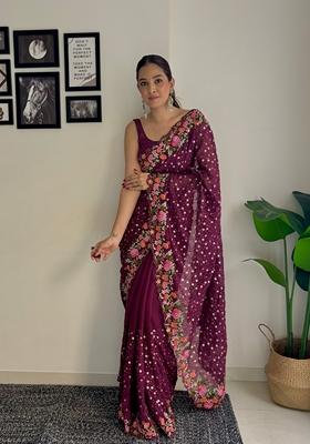 Wine Embroidered Soft Georgette Saree Set
