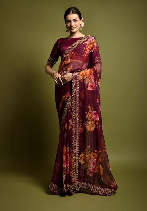 Wine Printed Soft Chiffon Saree Set