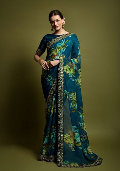 Teal Printed Soft Chiffon Saree Set