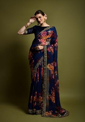 Navy Blue Printed Soft Chiffon Saree Set