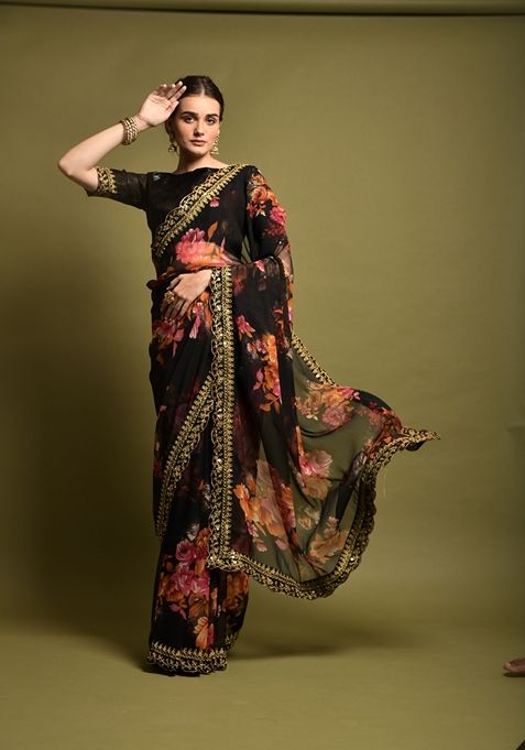 Black Printed Soft Chiffon Saree Set