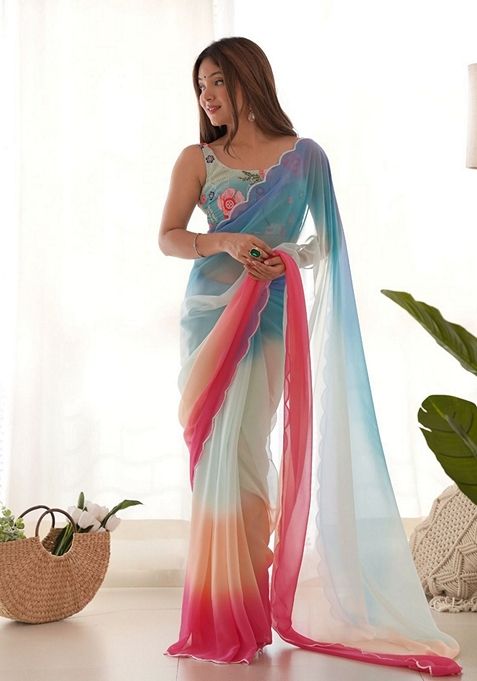 Multicolour Solid Faux Georgette Saree Set