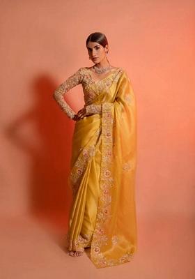 Yellow Embroidered Soft Organza Saree Set